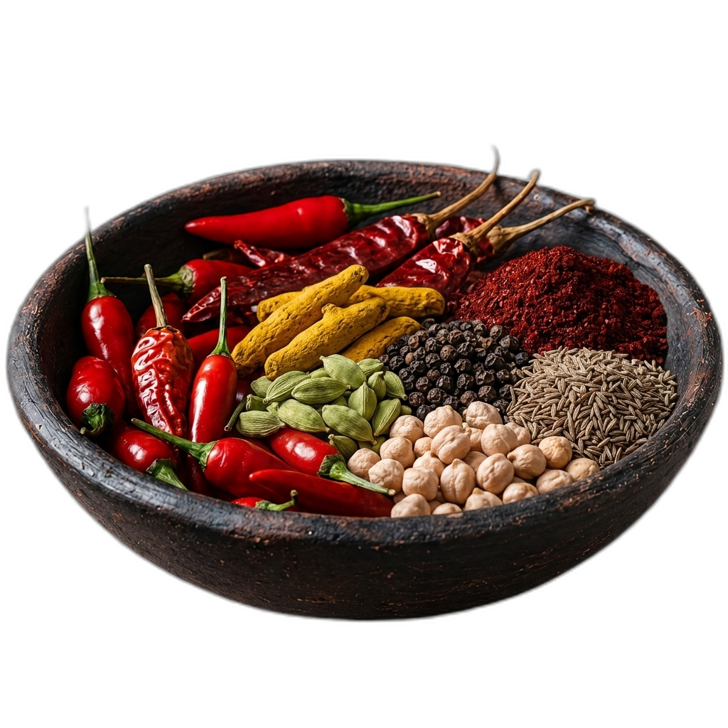 Bowl of premium export-quality Indian agricultural products, spices, grains, and seeds